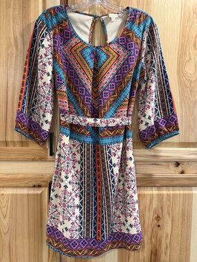 Pink Owl Multicolor Geometric Cropped Sleeve Boho Festival Mini Dress Size S